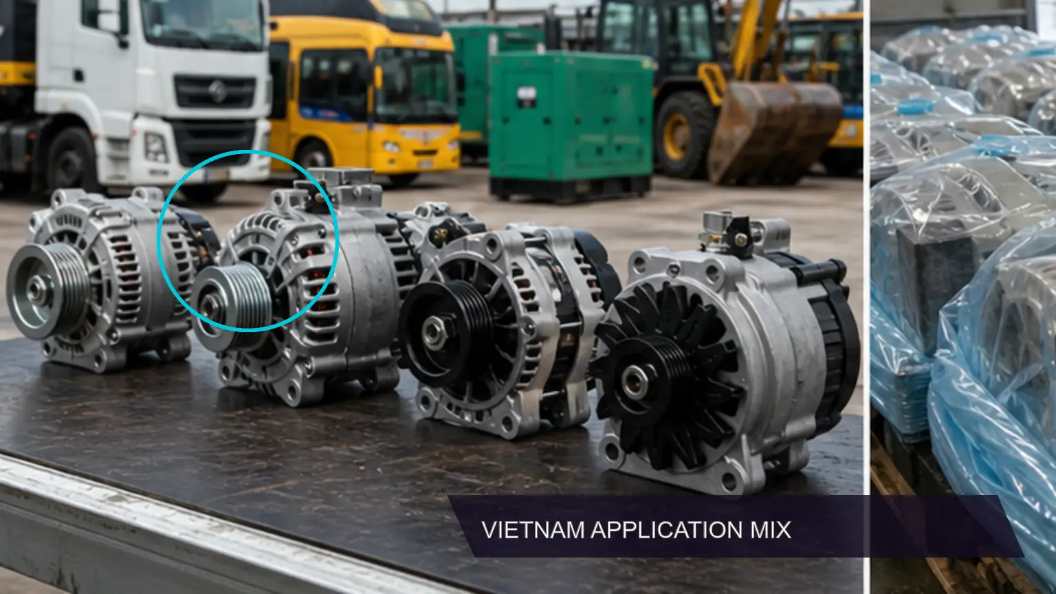 Incoming heavy-duty alternator lot inspected for identity, protection, and batch traceability for Vietnam