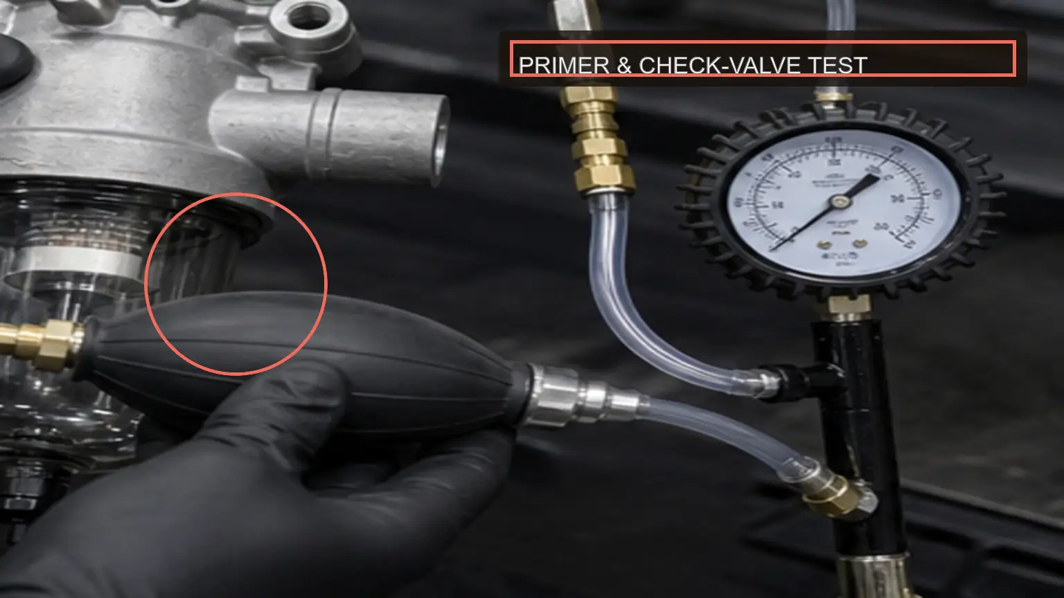 Technician performing a controlled fuel filter housing measurement with calibrated workshop instruments