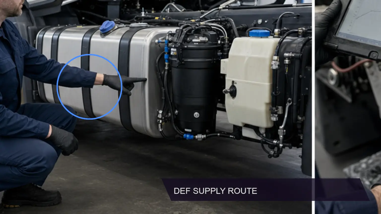 DEF filter system layout with the principal test points identified on a heavy-duty diesel application