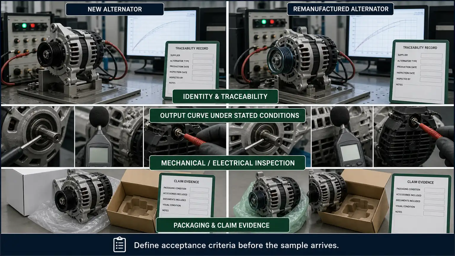 Illustrative comparison of new and remanufactured alternator identification, acceptance records, and packaging evidence