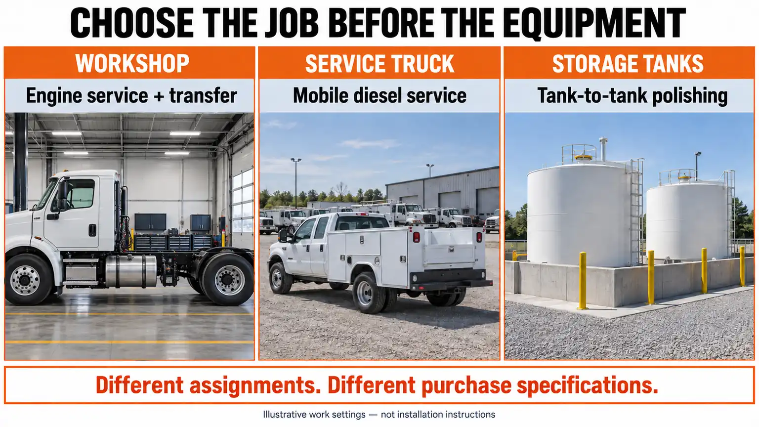 Illustrative workshop, service-truck yard and storage-tank settings for different diesel service-equipment purchases.