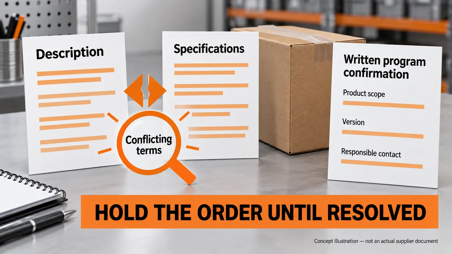 Conflicting description and specification fields require written confirmation of product scope, version and responsible contact.