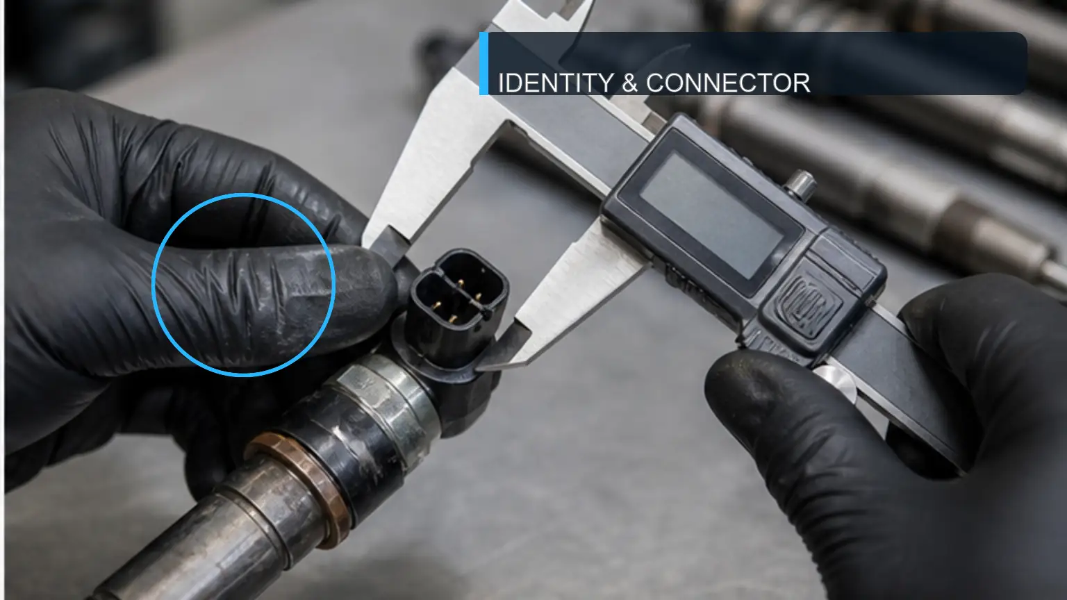 Digital caliper checking the connector geometry of a removed heavy-duty diesel injector