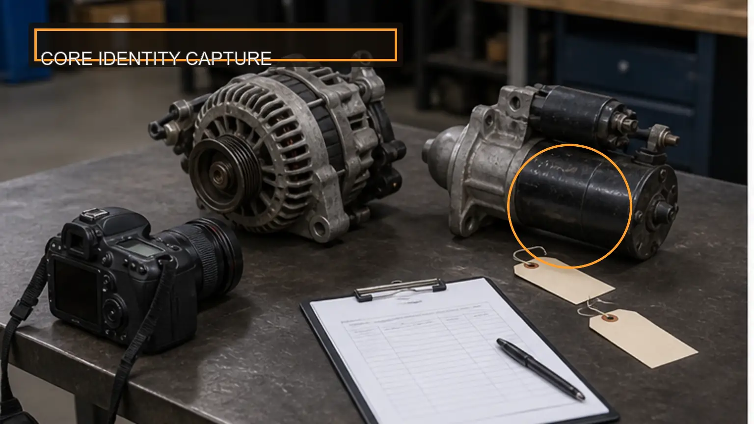 Removed heavy-duty alternator and starter documented for core-return identity control
