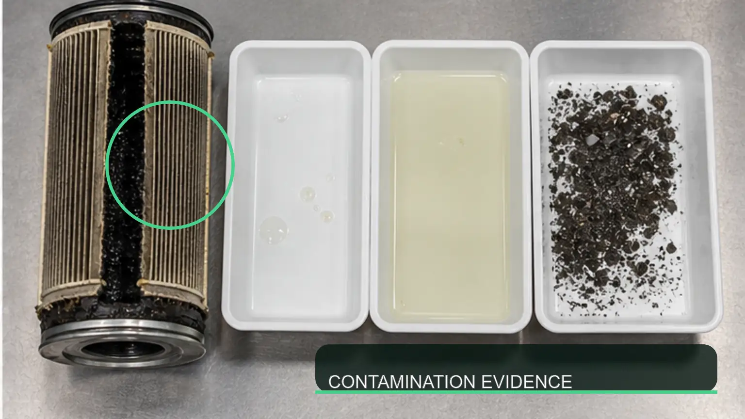 Opened diesel filter and fuel samples showing clean fuel, water, and debris evidence