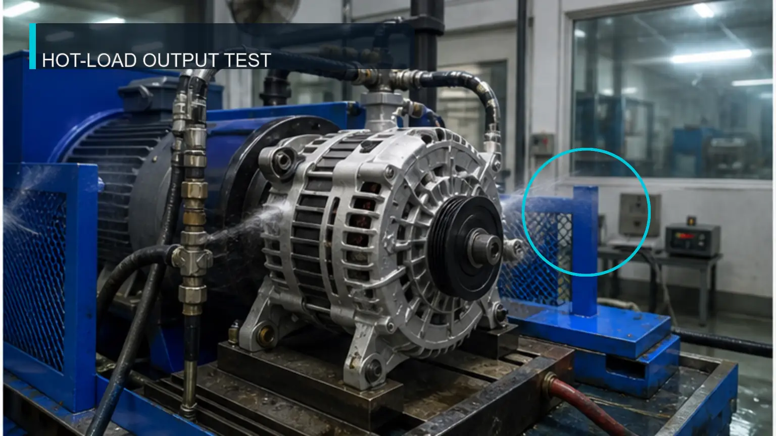 Water-cooled heavy-duty alternator operating on a hot-load output test bench