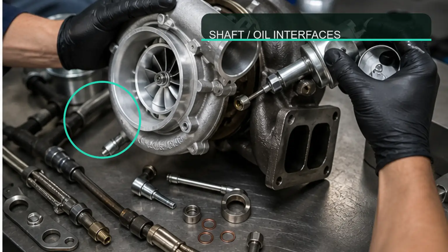 Turbocharger compressor wheel, shaft, actuator, oil feed, and drain interfaces inspected
