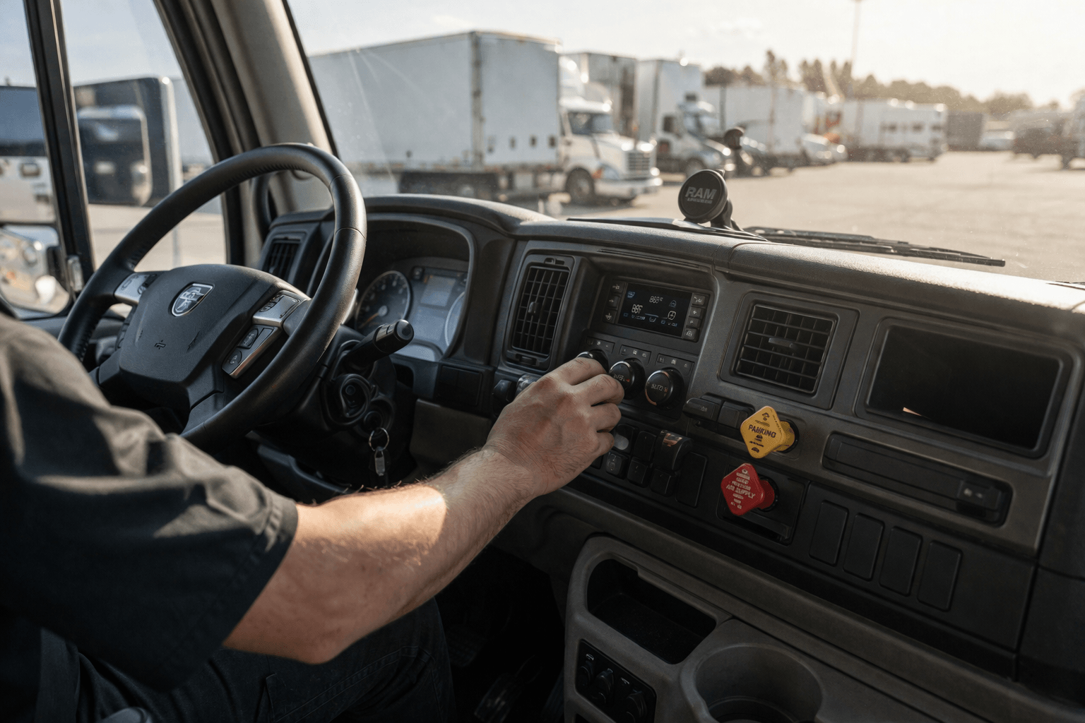 Heavy-duty truck cabin AC controls in hot weather, aftermarket diagnostic scene for B2B fleet maintenance buyers