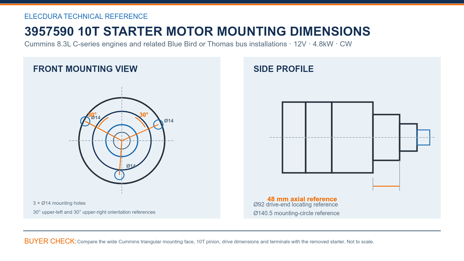 3957590 Cummins 12V 4.8kW 10T starter mounting dimensions