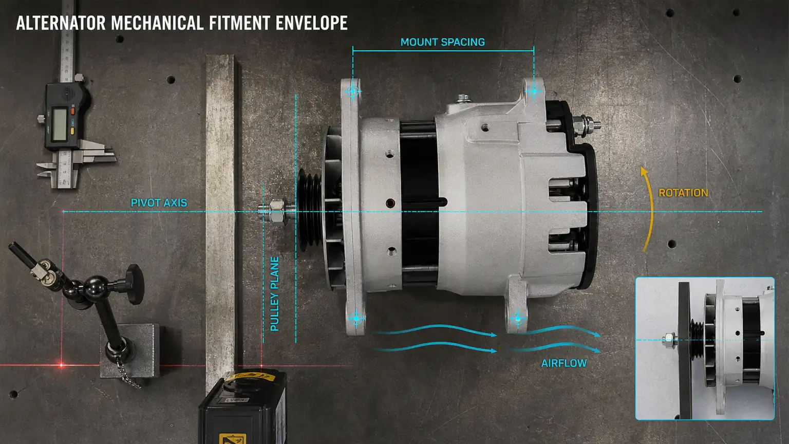 Alternator mechanical fit audit measuring mount spacing, shaft axis, pulley alignment and cooling clearance