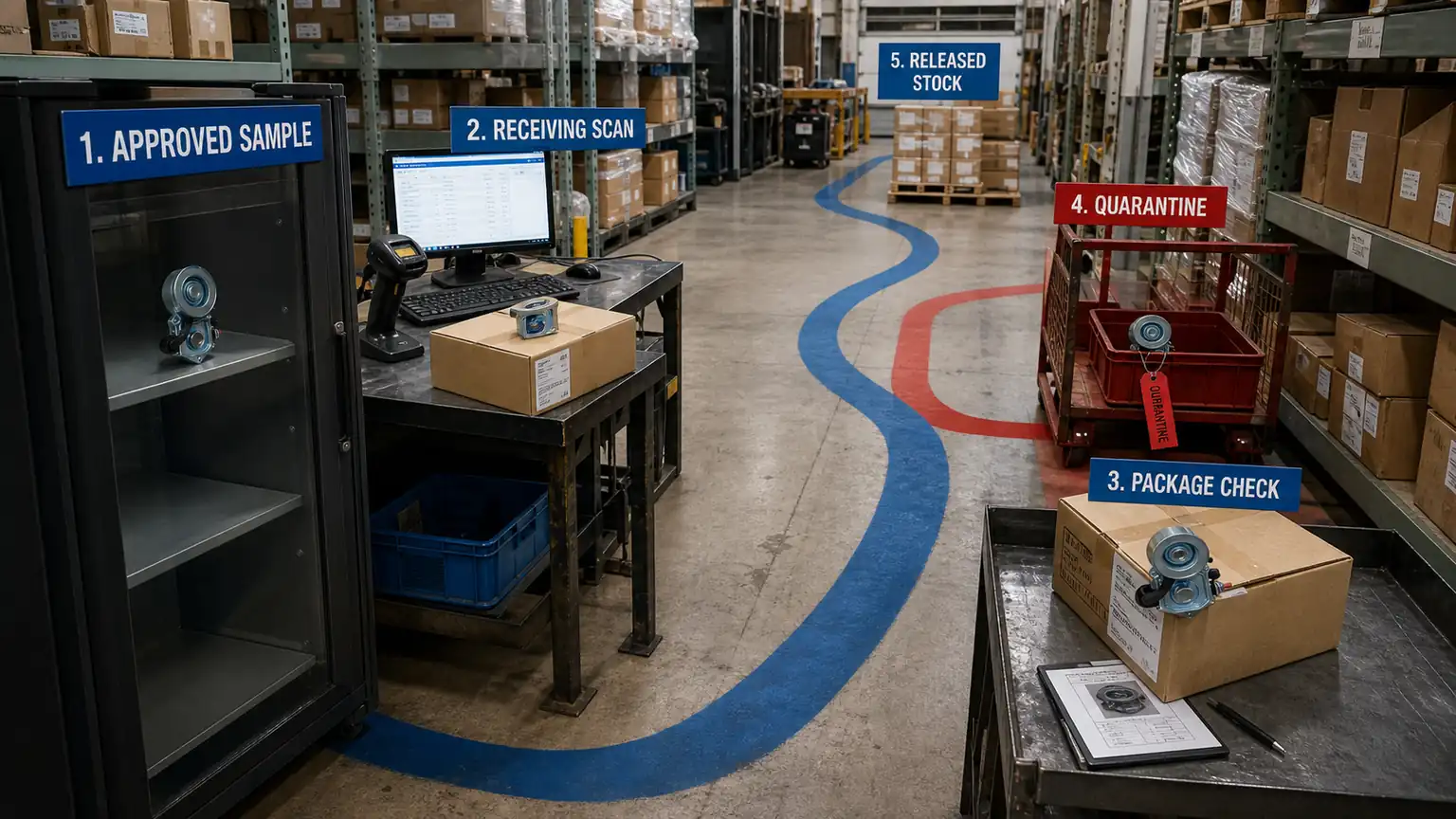 Warehouse cross-reference approval route from retained sample through receiving, quarantine, packaging and released stock