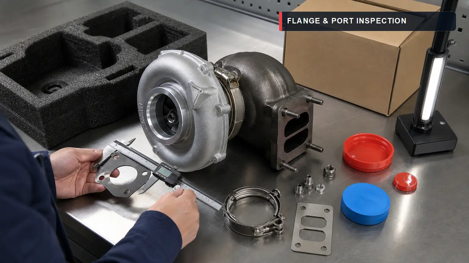 Aftermarket turbocharger on an incoming-inspection bench with flange template, calipers, ports and protective caps
