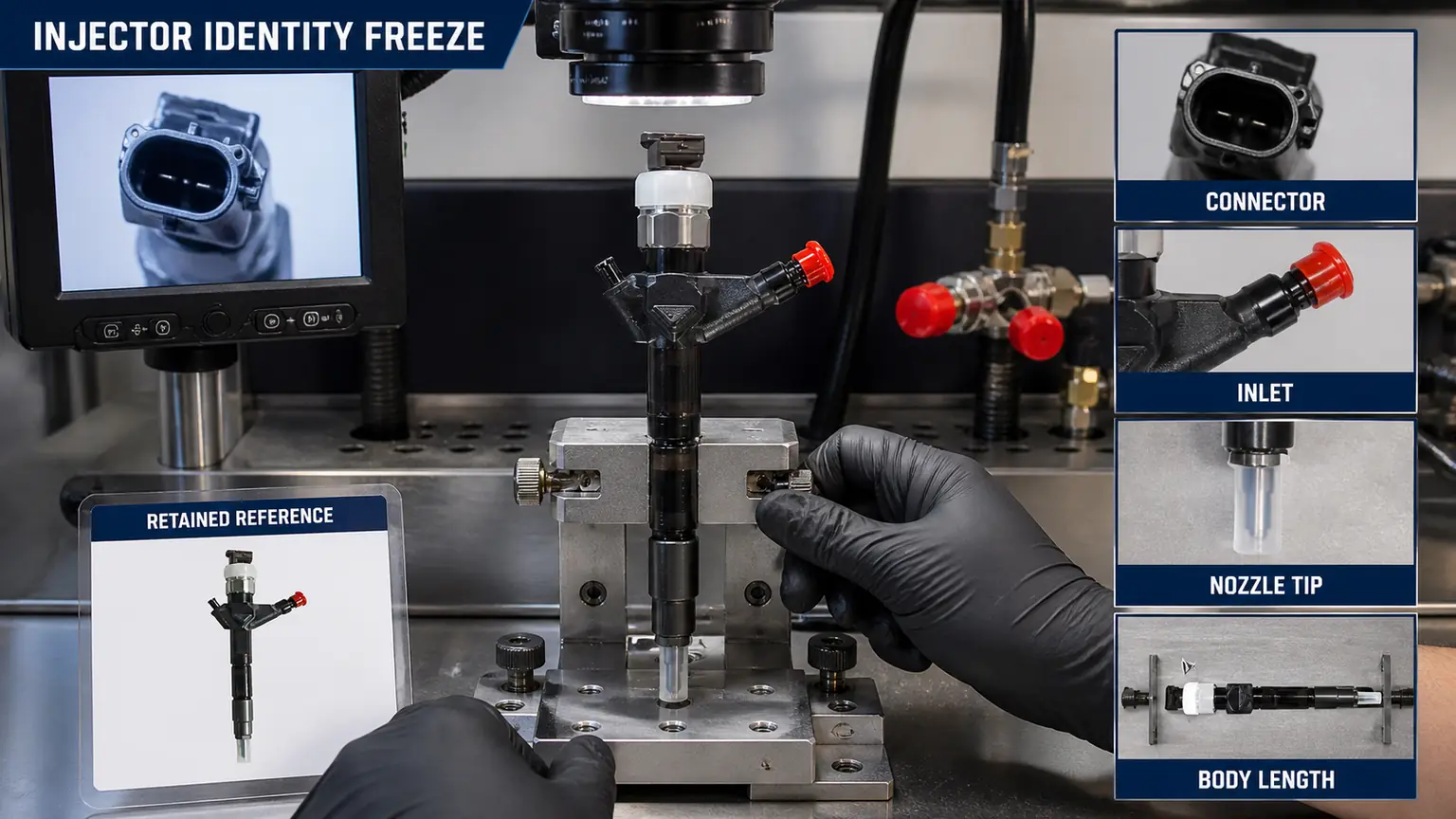 Heavy-duty injector identity freeze measuring connector, inlet, nozzle tip and body length against a retained reference