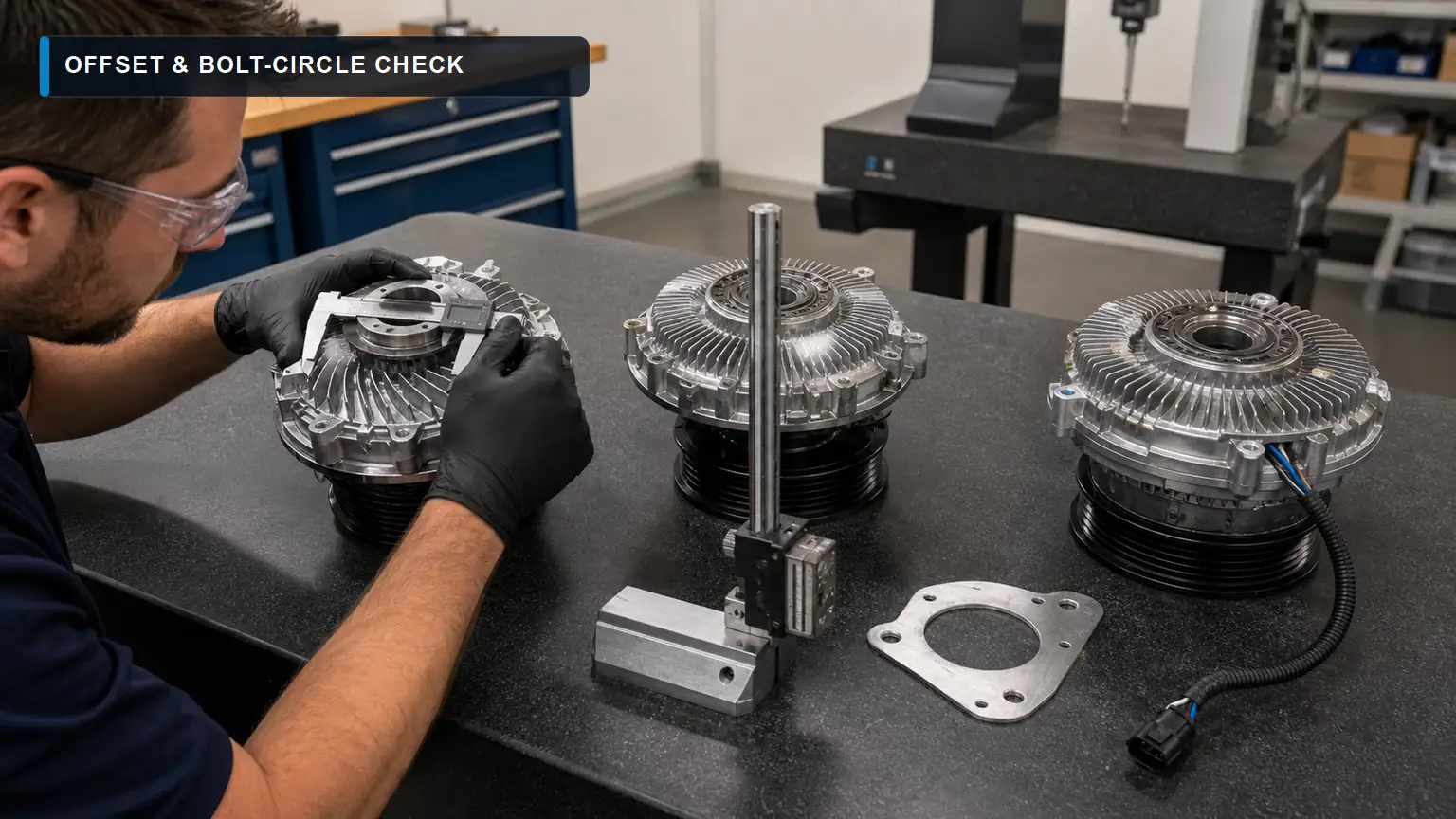 Heavy-duty fan clutch assemblies measured for pilot diameter, bolt circle, pulley offset and connector fitment