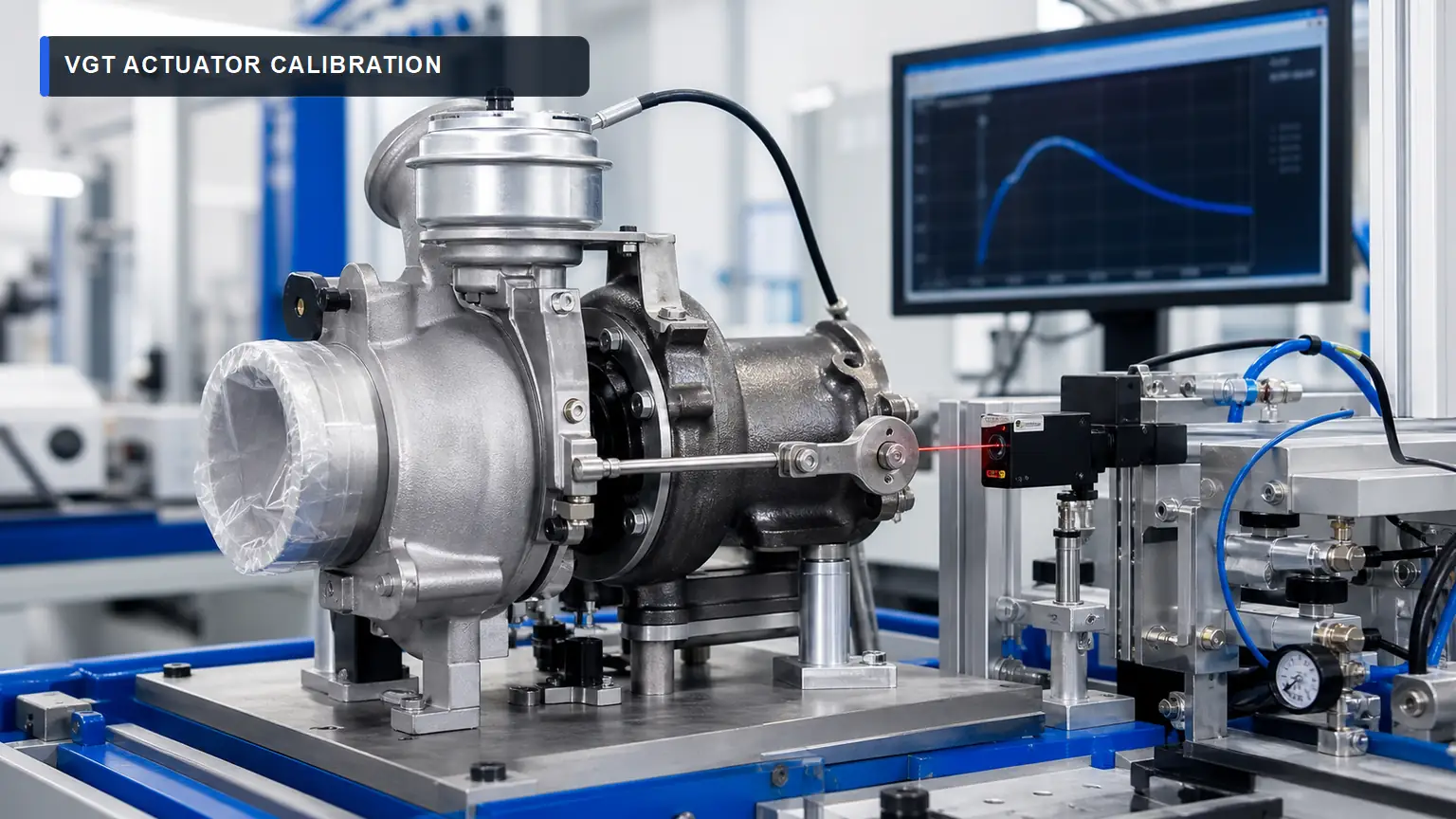 Variable-geometry turbocharger on an automated actuator calibration station with laser travel measurement