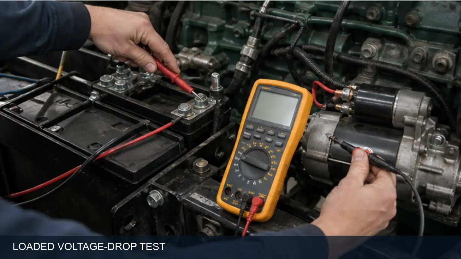 Loaded heavy-duty starter voltage-drop test with meters connected across the positive and ground paths