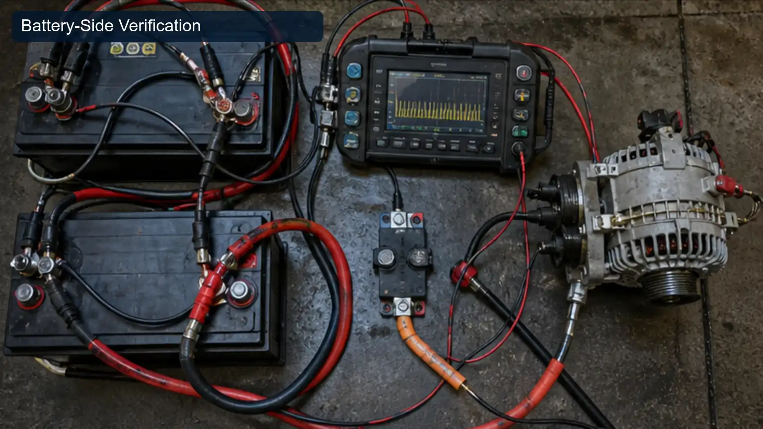 Battery-Side Verification for Heavy-Duty Alternator Diode Ripple: Waveform and Phase-Fault Diagnosis, shown as a photorealistic heavy-duty technical inspection view