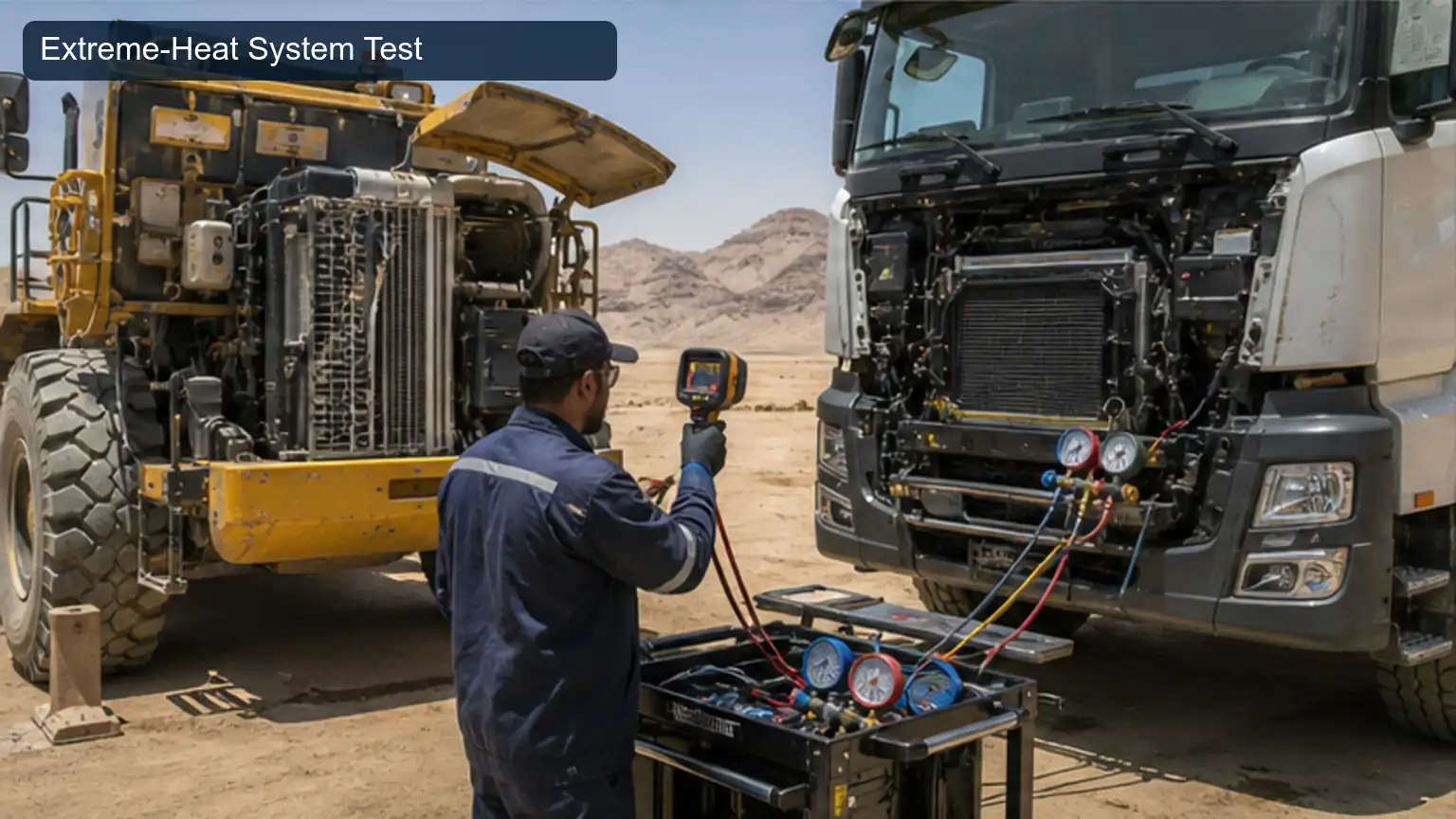 Extreme-Heat System Test for Top 20 Heavy-Duty A/C Compressor Manufacturers in Saudi Arabia, shown as a photorealistic heavy-duty technical inspection view