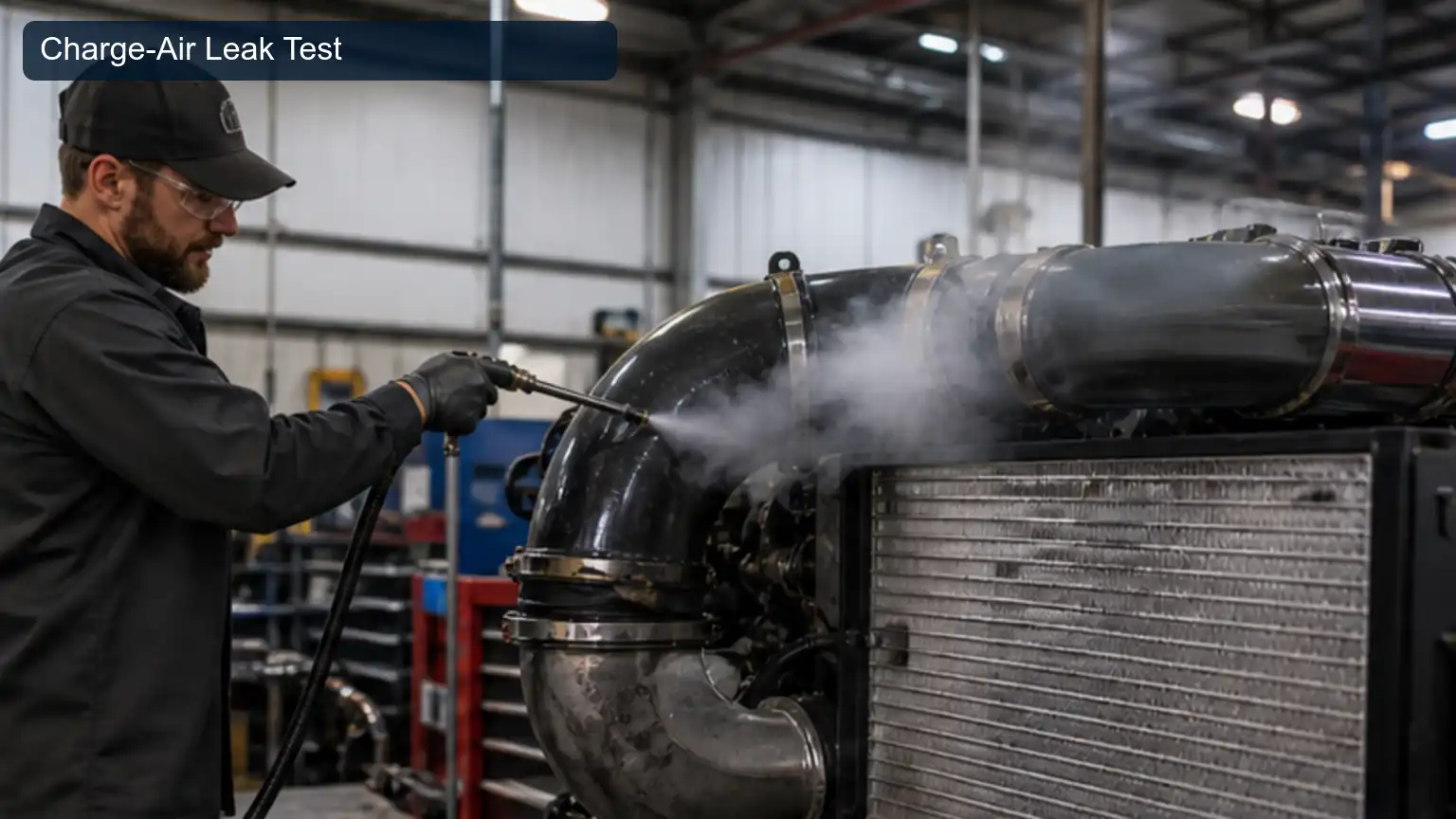 Charge-Air Leak Test for Heavy-Duty Turbocharger Compressor Surge: Map, Airflow, and System Diagnosis, shown as a photorealistic heavy-duty technical inspection view