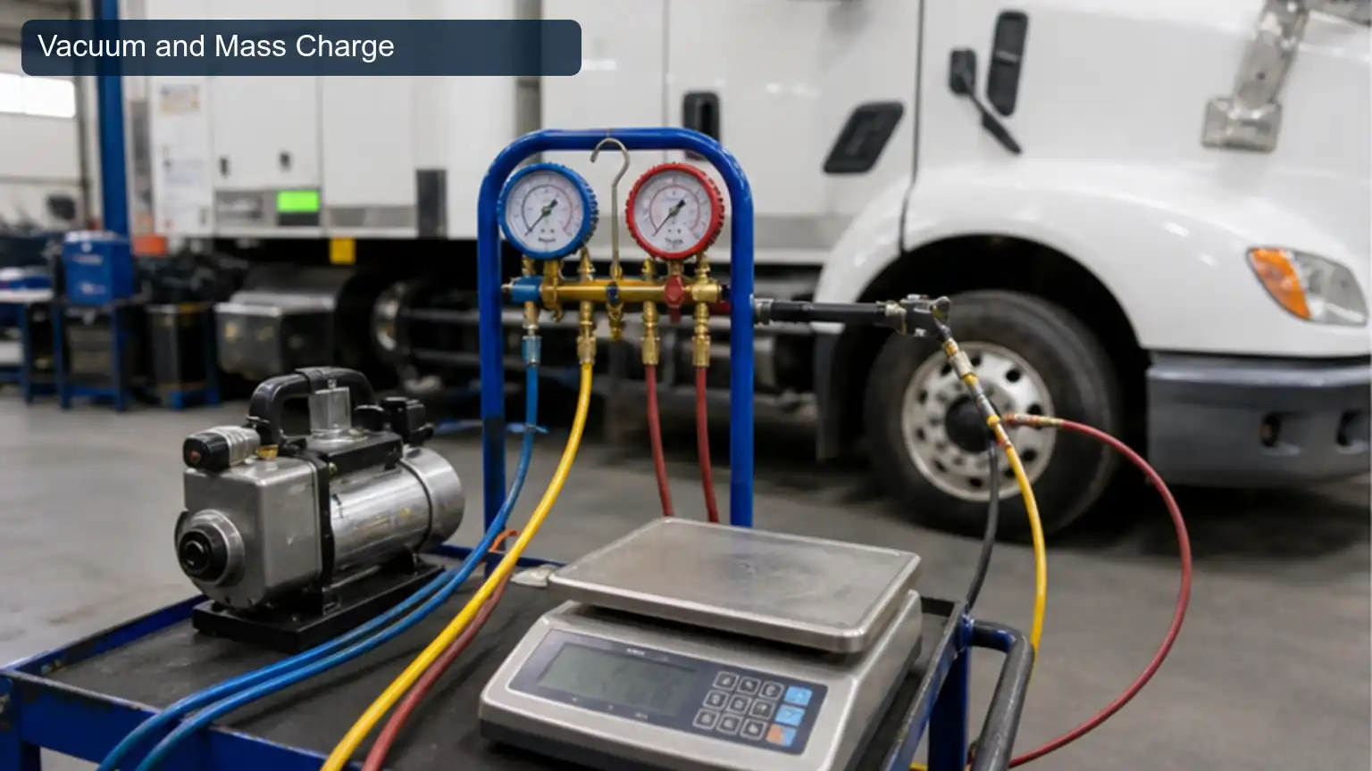 Vacuum and Mass Charge for Heavy-Duty A/C Compressor Oil Balancing After Component Replacement, shown as a photorealistic heavy-duty technical inspection view