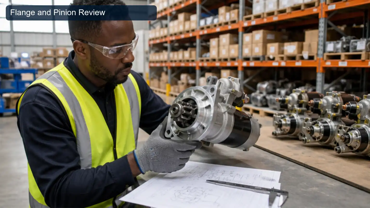 Flange and Pinion Review for Top 20 Heavy-Duty Starter Motor Manufacturers in South Africa, shown as a photorealistic heavy-duty technical inspection view