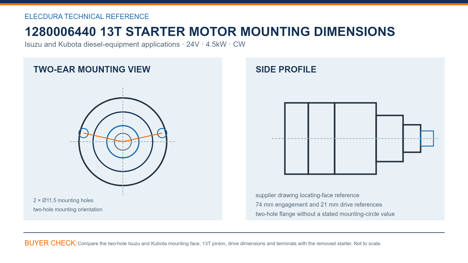 1280006440 Isuzu Kubota 24V 4.5kW 13T starter mounting dimensions