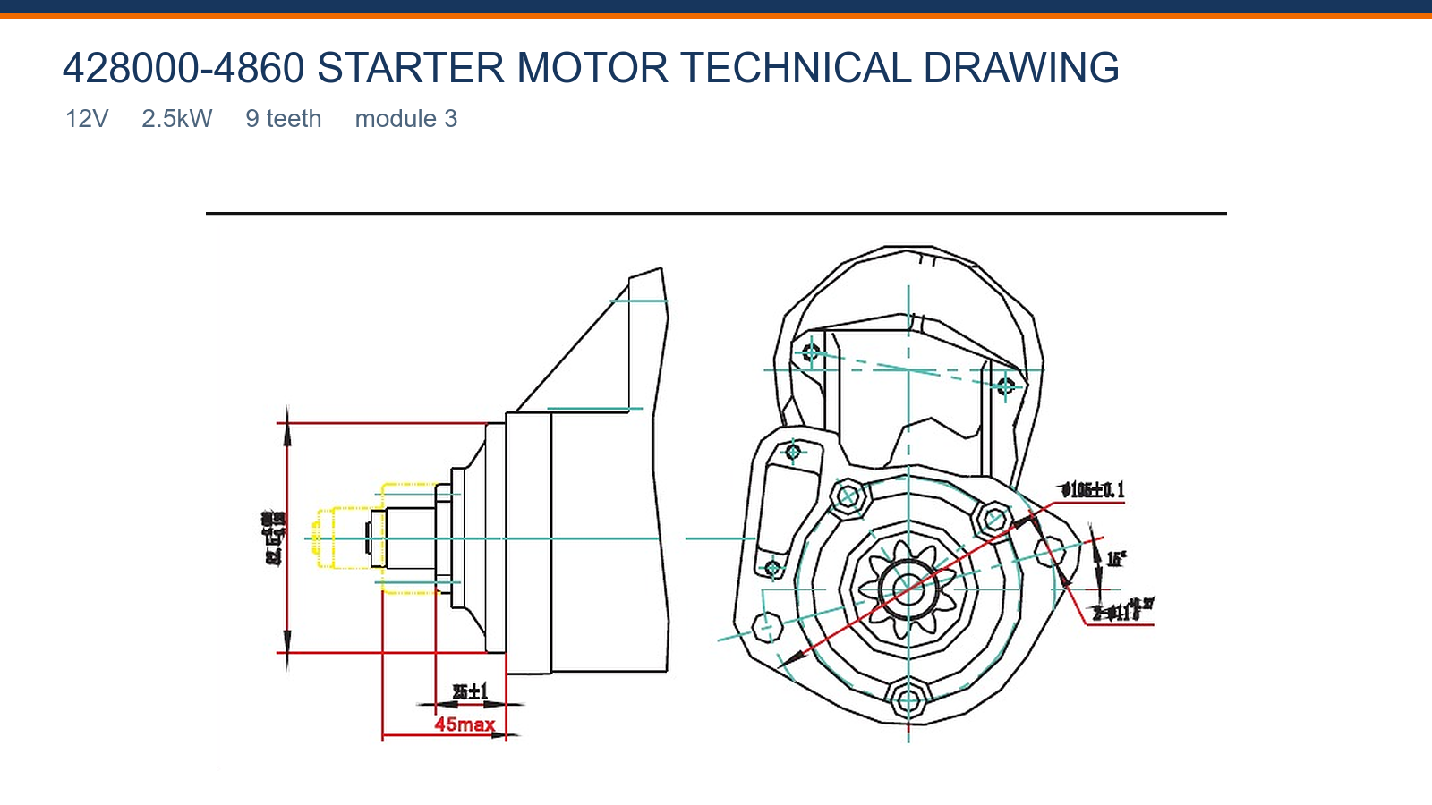 428000-4860 Kubota starter motor technical drawing 12V 2.5kW 9T