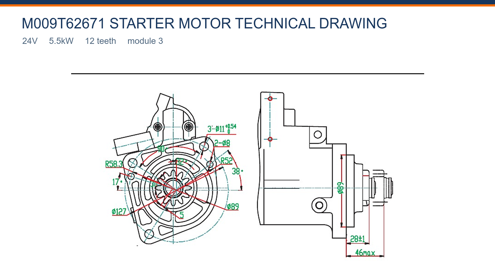 M009T62671 Volvo starter motor technical drawing 24V 5.5kW 12T