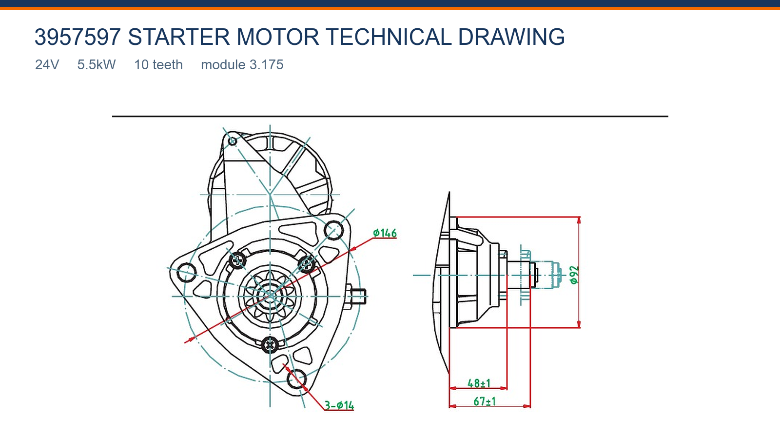 3957597 Cummins starter motor technical drawing 24V 5.5kW 10T