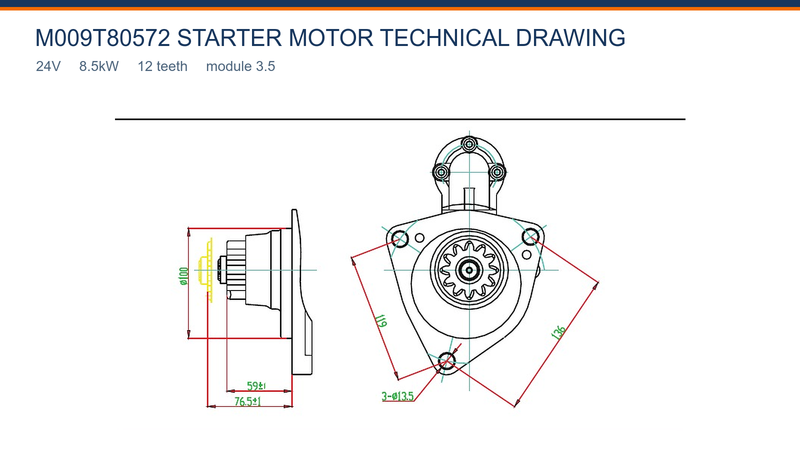 M009T80572 Mitsubishi startmotor teknisk ritning 24V 8,5kW 12T