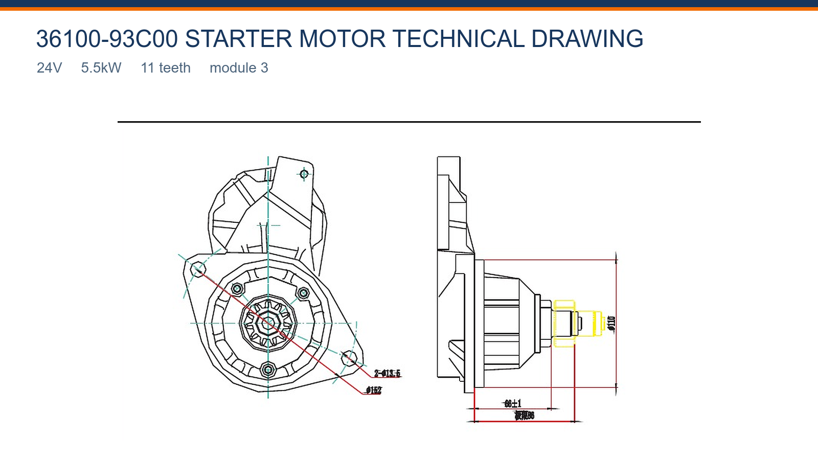 36100-93C00 Mitsubishi startmotor teknisk ritning 24V 5,5kW 11T
