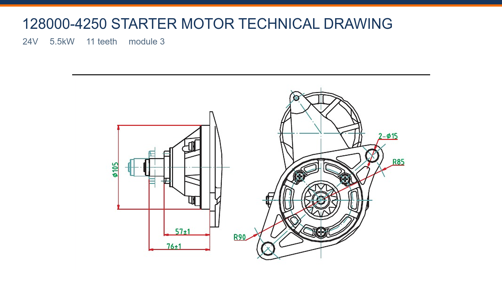 128000-4250 Isuzu startmotor teknisk ritning 24V 5,5kW 11T