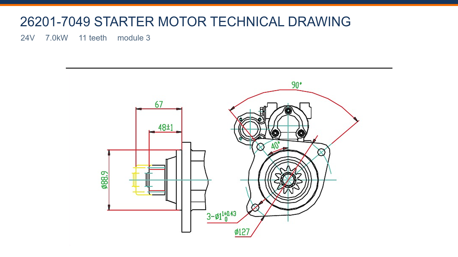 26201-7049 大宇スターター モーター技術図 24V 7.0kW 11T