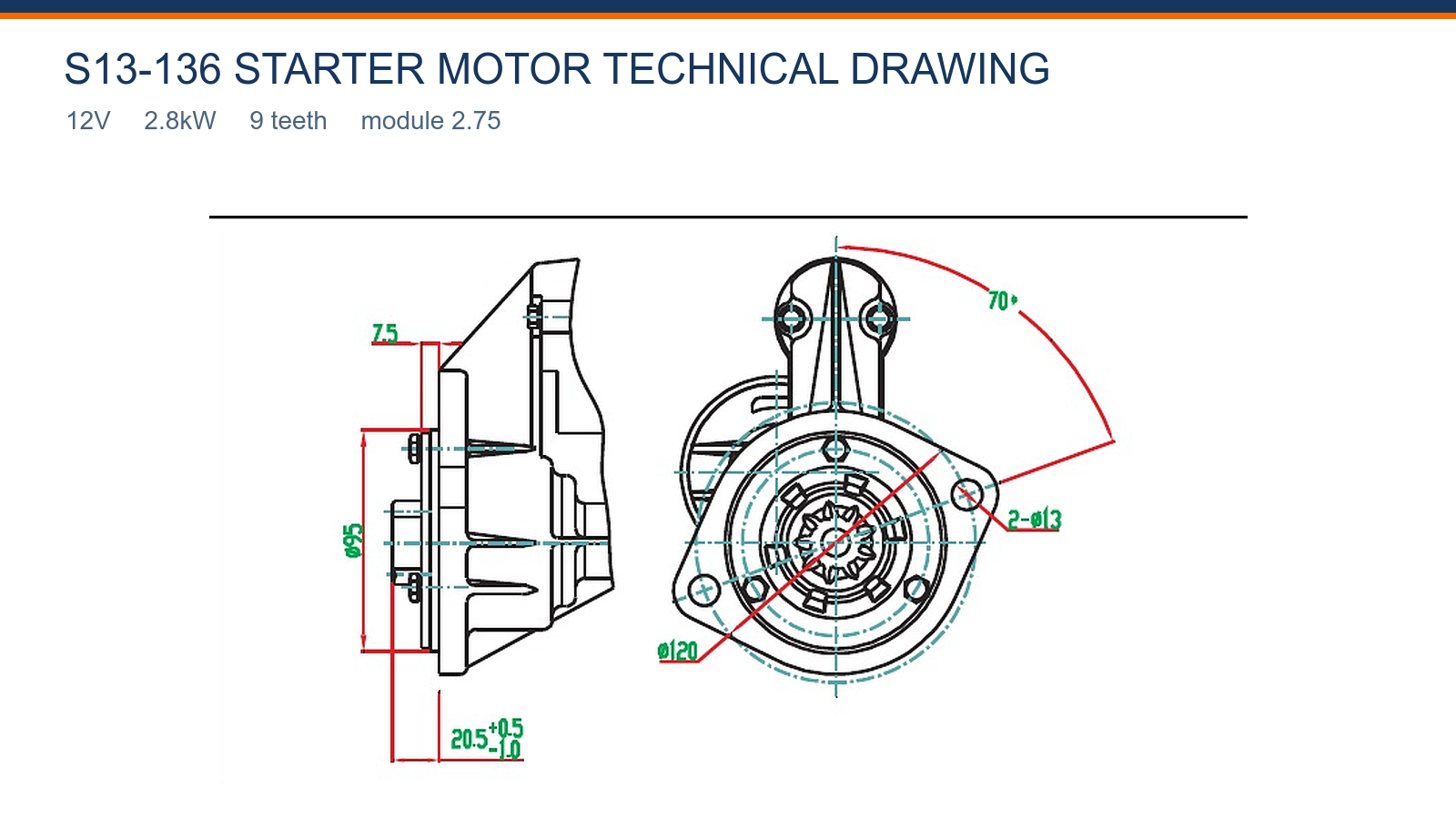 S13-136 Isuzu starter motor technical drawing 12V 2.8kW 9T
