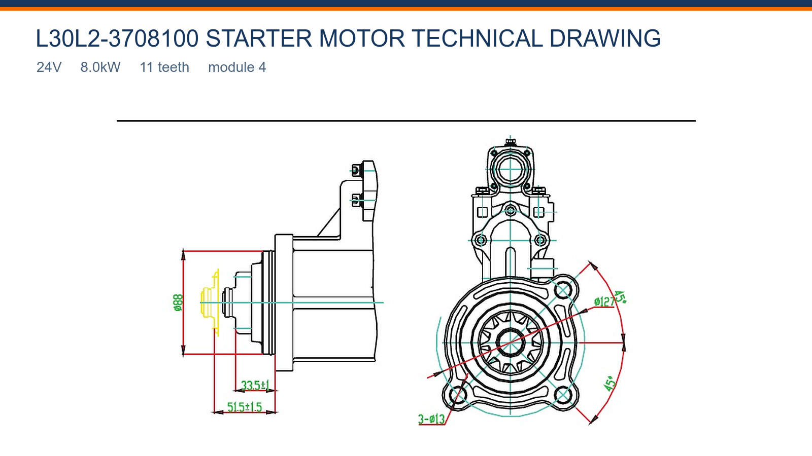 L30L2-3708100 Yuchai starter motor technical drawing 24V 8.0kW 11T
