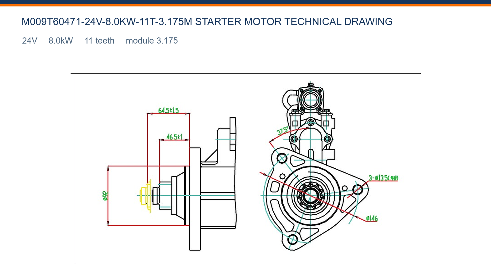 M009T60471-24V-8.0KW-11T-3.175M Τεχνικό σχέδιο κινητήρα εκκίνησης Renault 24V 8,0kW 11T