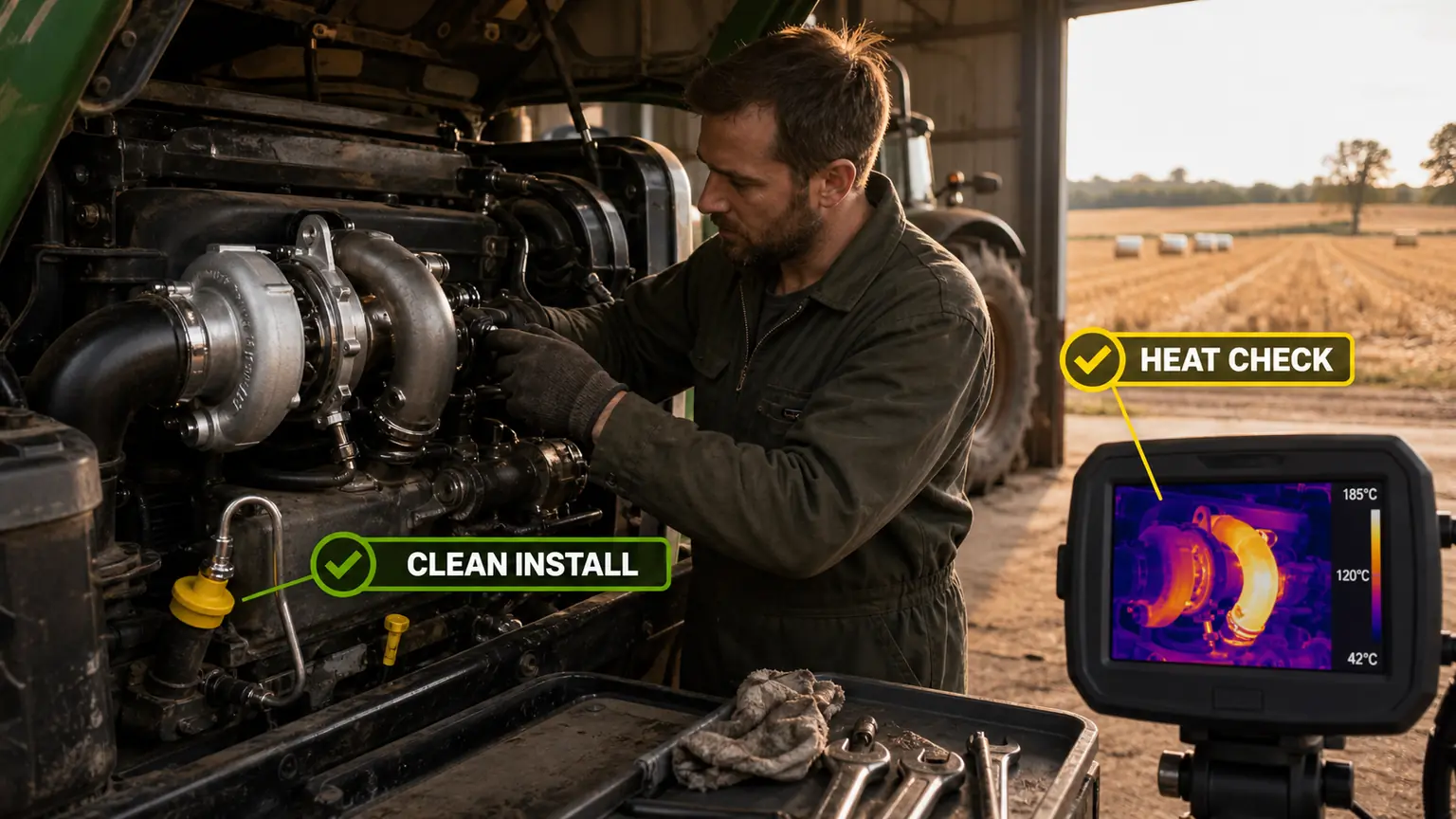 Agricultural turbocharger clean installation and post-load thermal check