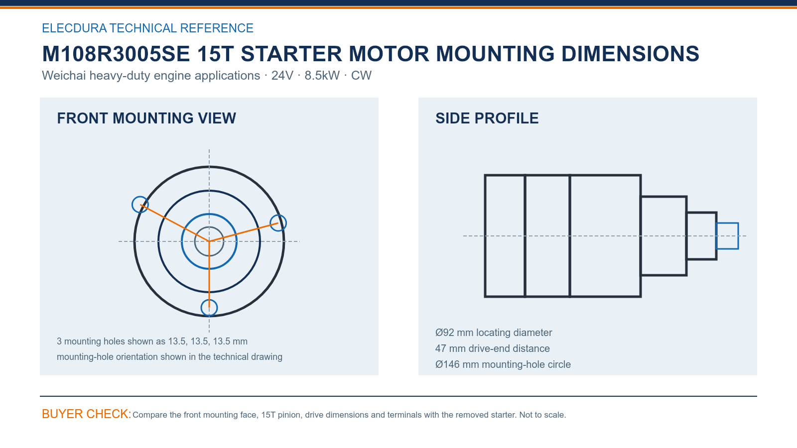 M108R3005SE Weichai heavy-duty engine 24V 8.5kW 15T starter mounting dimensions