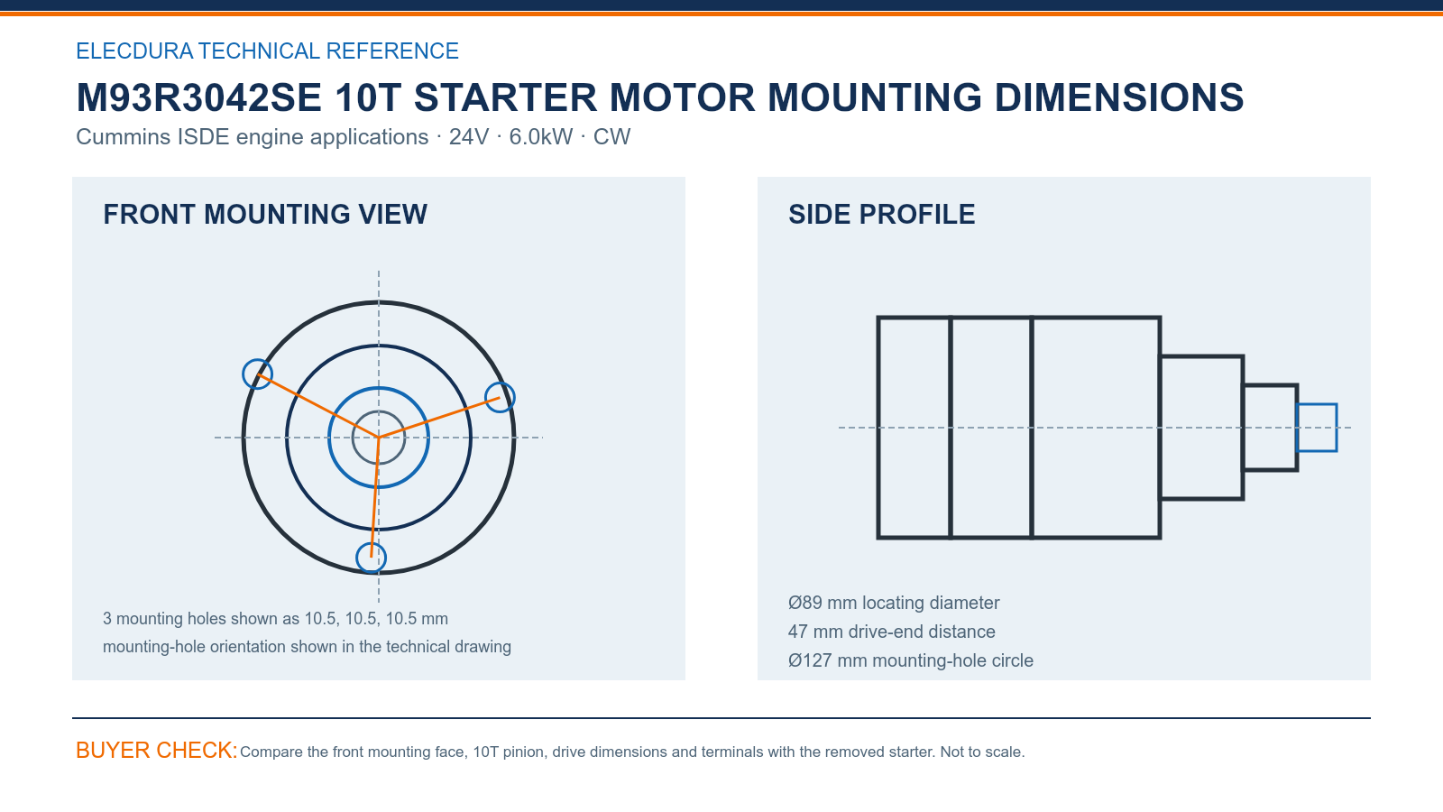 M93R3042SE Cummins ISDE engine 24V 6.0kW 10T starter mounting dimensions
