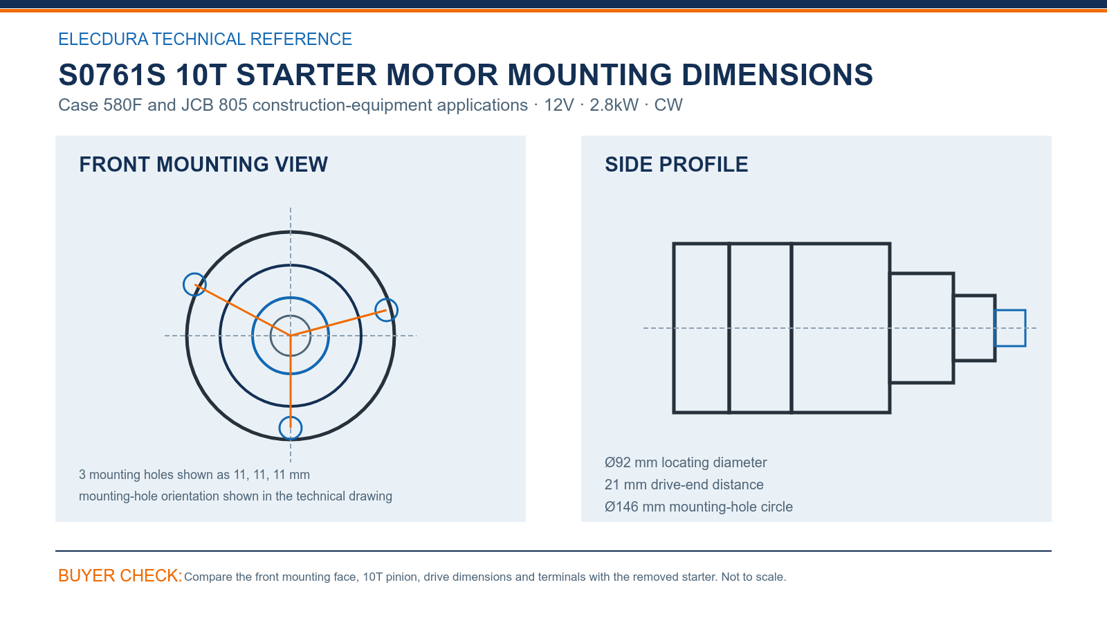 S0761S Case 580F and JCB 805 construction-equipment 12V 2.8kW 10T starter mounting dimensions