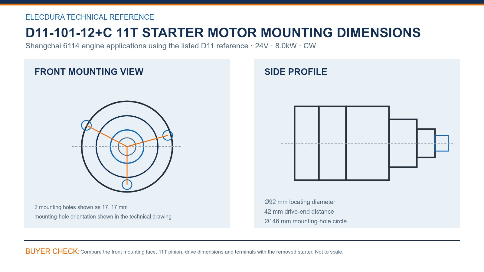 D11-101-12+C Shangchai 6114 engine applications using the listed D11 reference 24V 8.0kW 11T starter mounting dimensions
