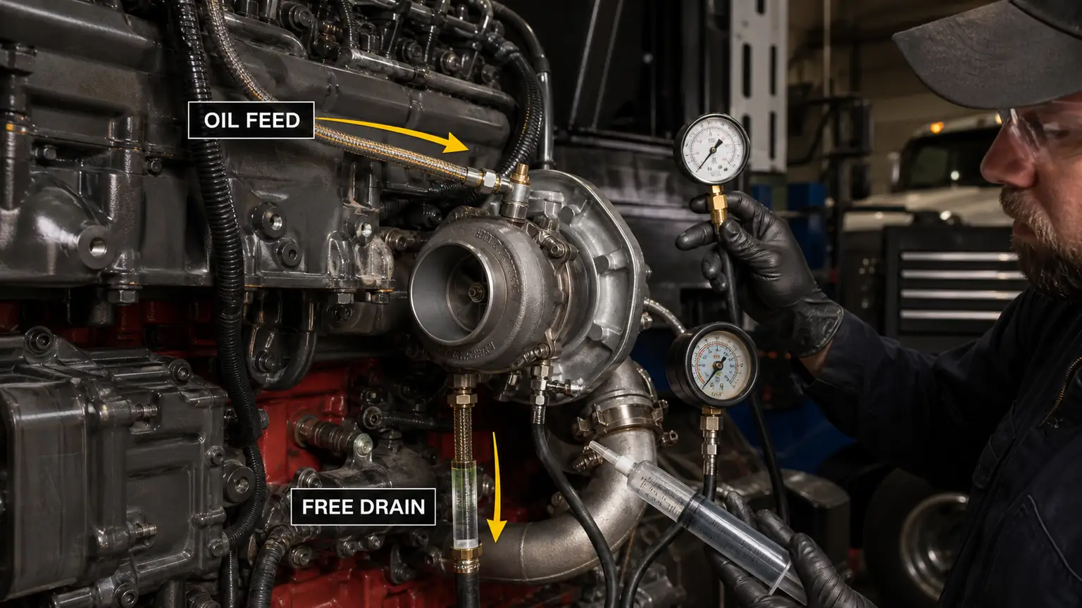 VGT turbocharger oil-feed pressure, free-drain routing, and crankcase-condition inspection