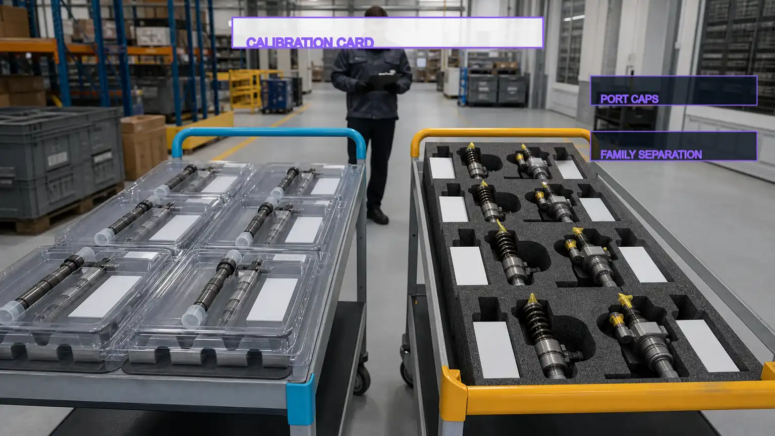 Common-rail and unit-injector product families stored on separate protected carts with distinct packaging controls.