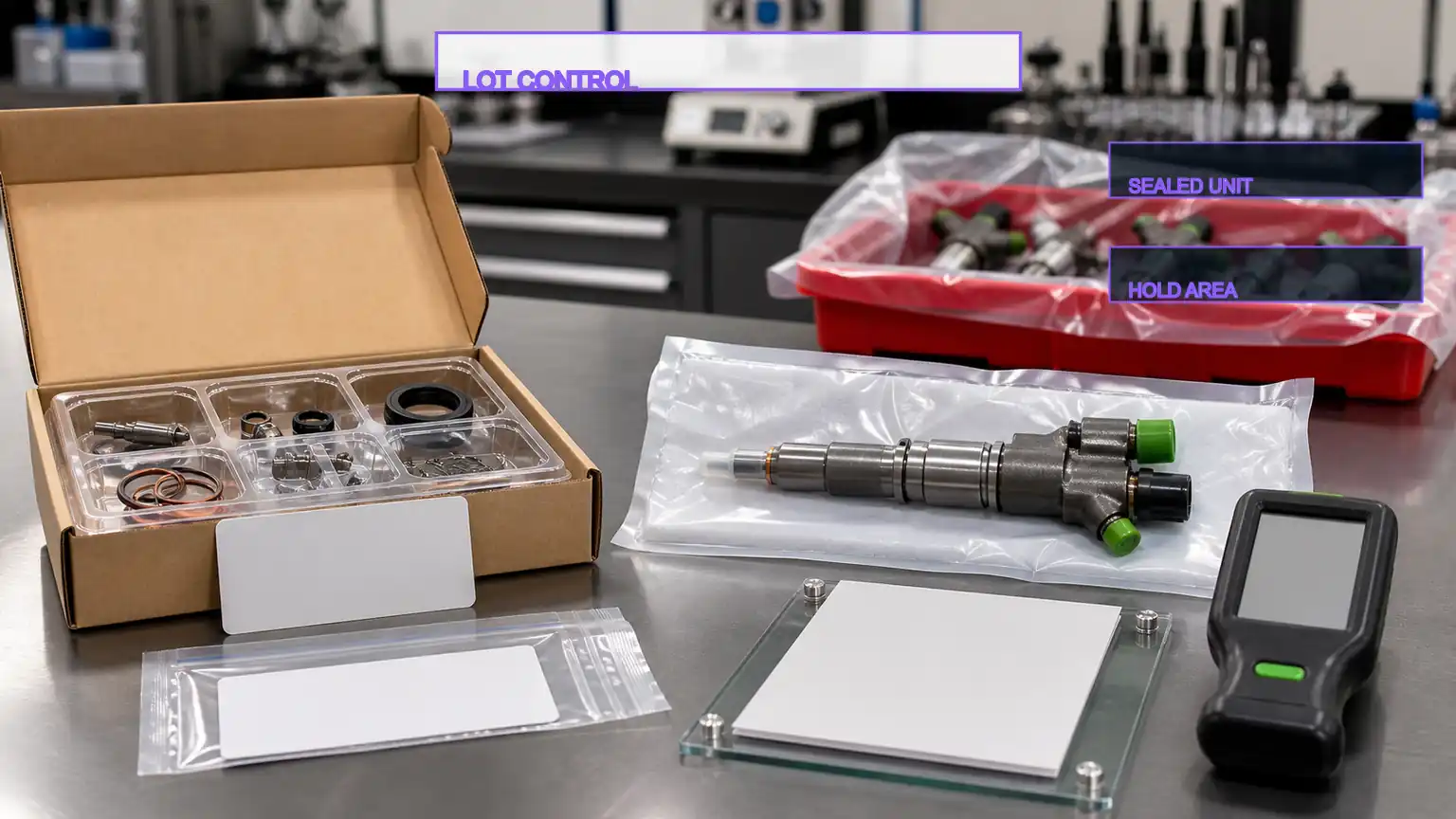 Receiving comparison of a sealed diesel injector repair kit and a protected remanufactured injector with release records.