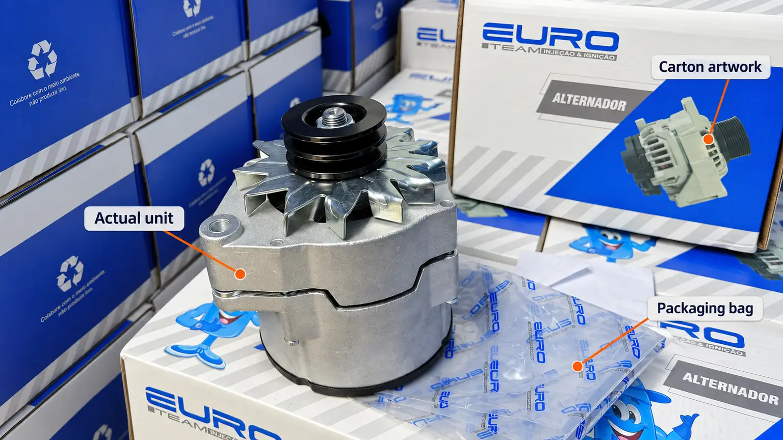 Alternator sample beside branded cartons and a packaging bag in a product display area.