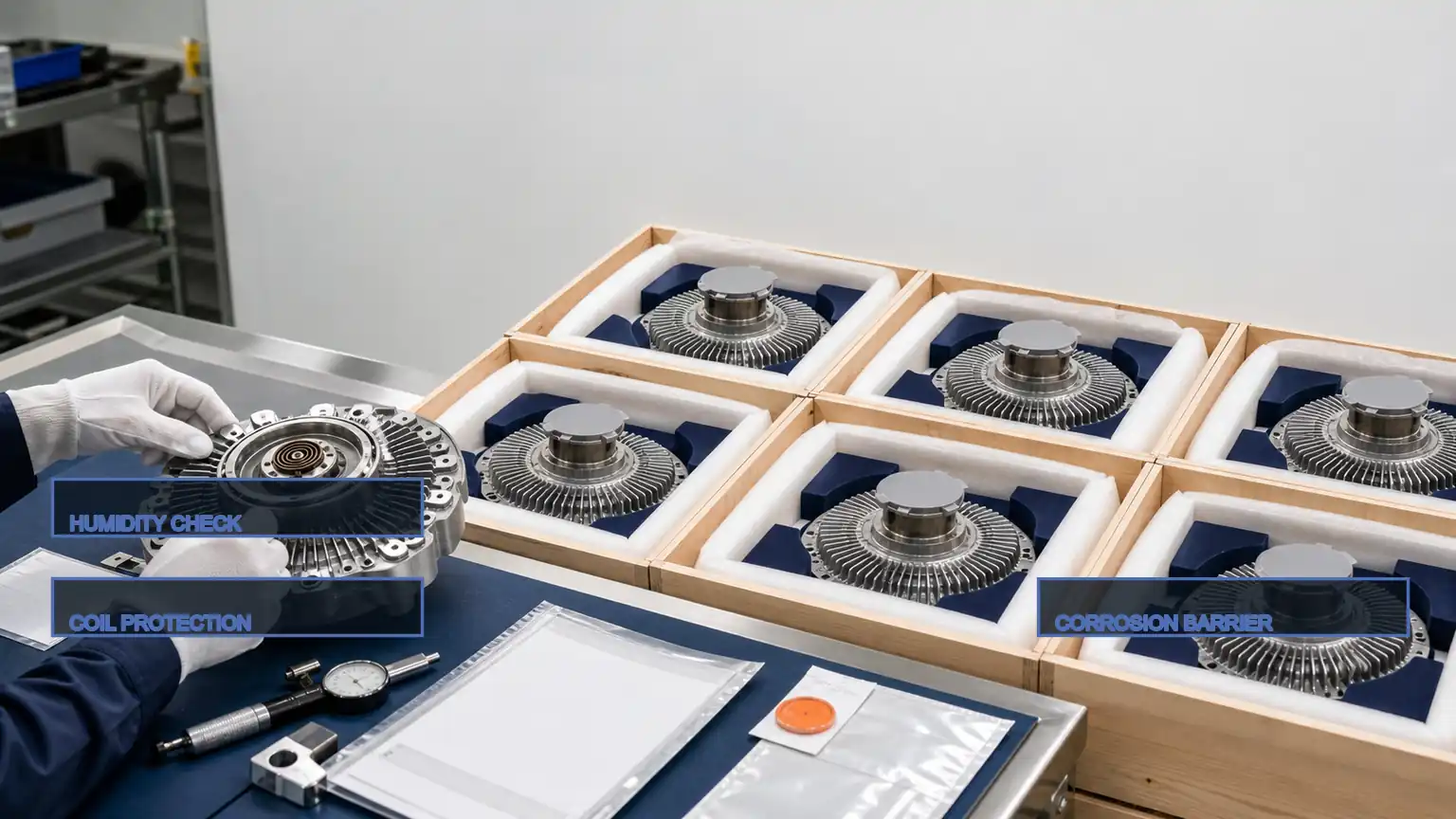 Heavy-duty fan clutches protected in precision export packaging with bimetal-coil clearance and humidity control.