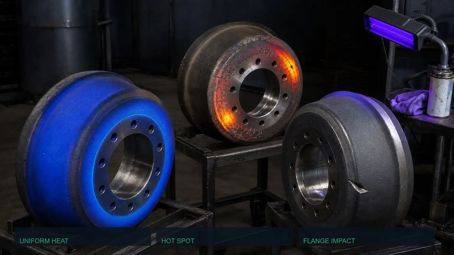 Three heavy-duty brake drums compared after testing for uniform heat, localized hot spots, and flange impact damage.