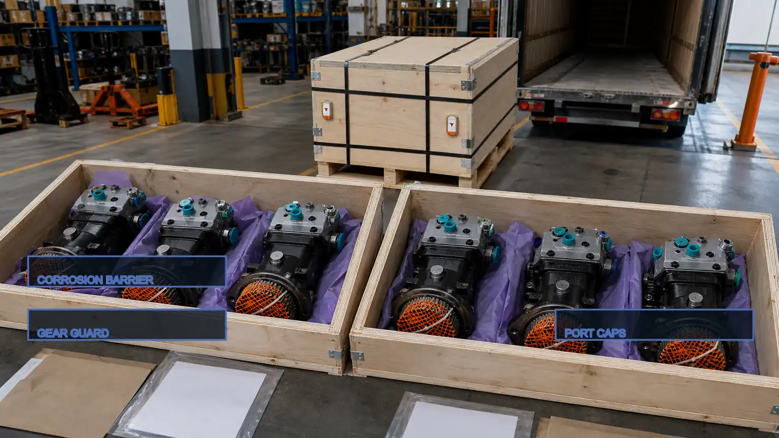 Heavy-duty air brake compressors protected with gear locks, port caps, corrosion paper, and fitted export crates in T&uuml;rkiye.