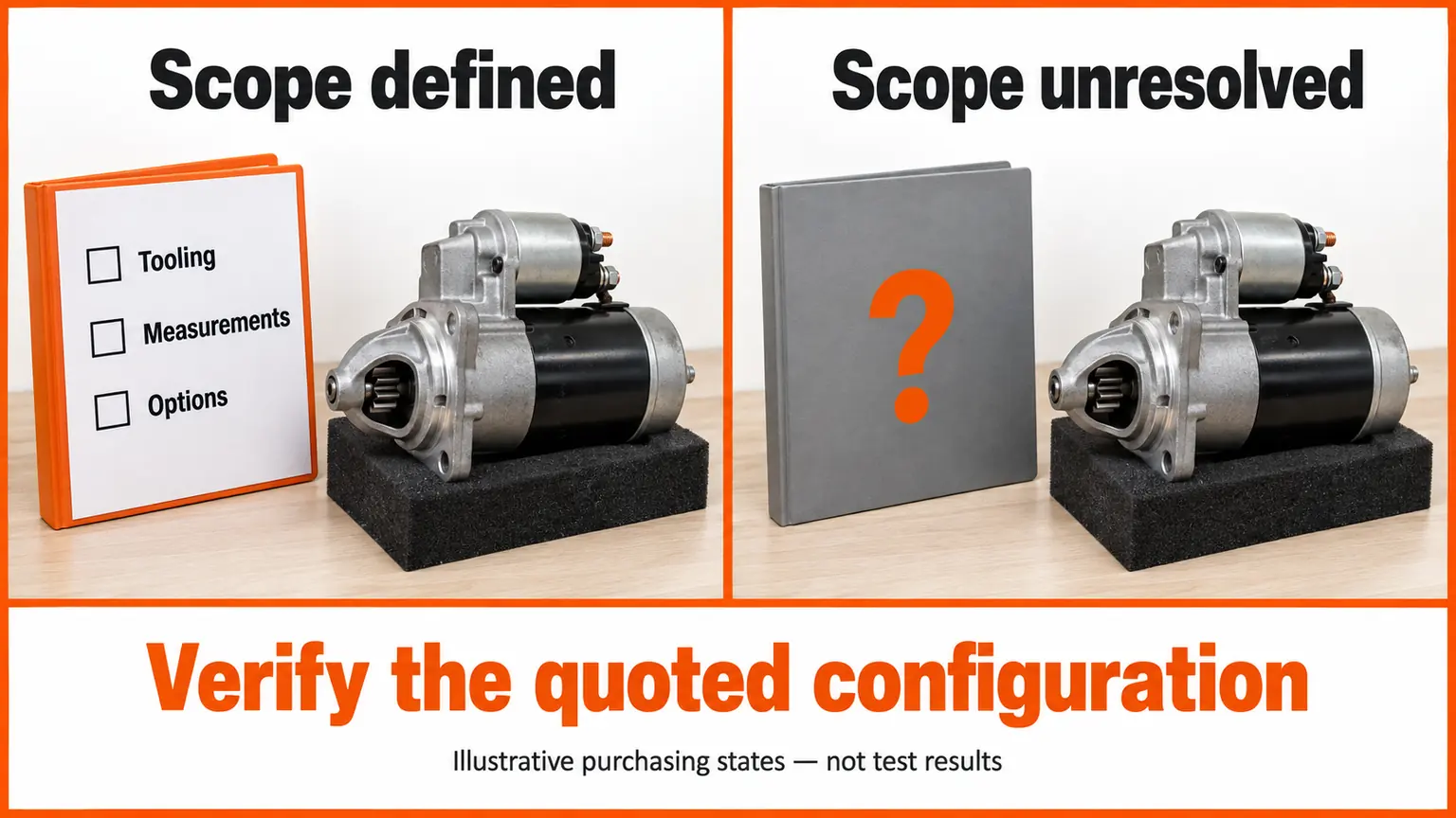 Illustrative defined versus unresolved starter-test-equipment quotation scope for tooling, measurements and options