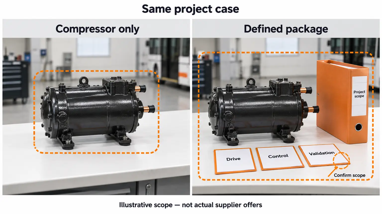Same illustrative compressor compared as component-only scope and a package with explicit project responsibilities